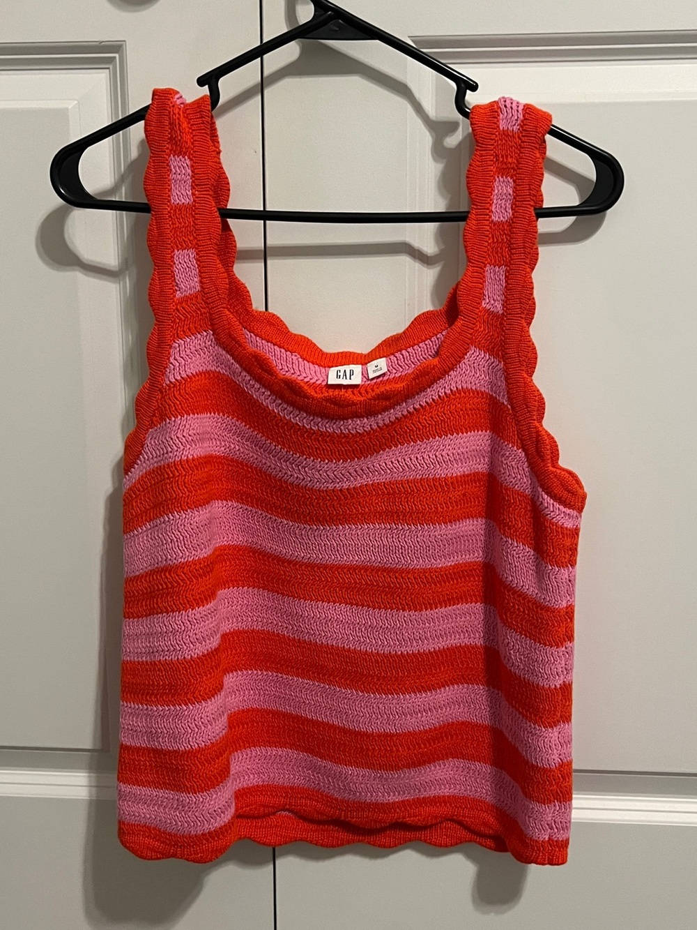 GAP Pink & Red Striped Knit Tank with Scalloped Edge